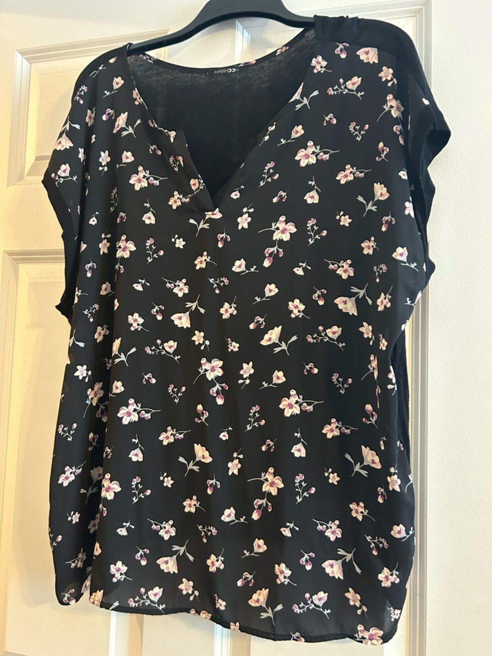 Papermoon Black V-Neck Floral Blouse with Pink Accents